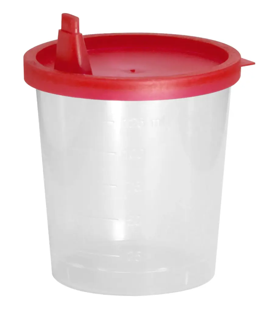 AMPRI Urinprobebecher 125 ml mit rotem Schnappdeckel