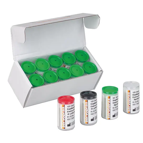SERVOPRAX End-to-End Kapillarpipetten Sondergrößen, Na-Sodium heparinisiert (Menge: 100 Stück, Pipettenvolumen: 5 µl)
