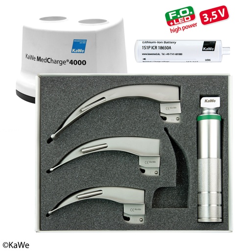 [18524-01] KAWE Laryngoscope Set Macintosh F.O. LED Adult 1 Handle +3 Blades, 3.5 V