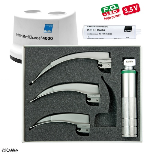[18525-01] KAWE Laryngoscope Set Megalight F.O. LED Adult 1 Handle +3 Blades, 3.5 V