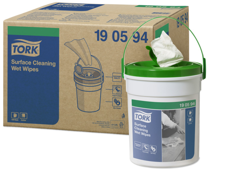 TORK Premium Surface cleaning wipes in dispenser bucket