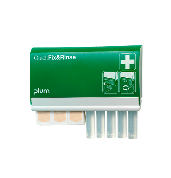 PLUM QuickFix&Rinse Spender elastic 45 Stk und 5Stk. Augenspülampullen
